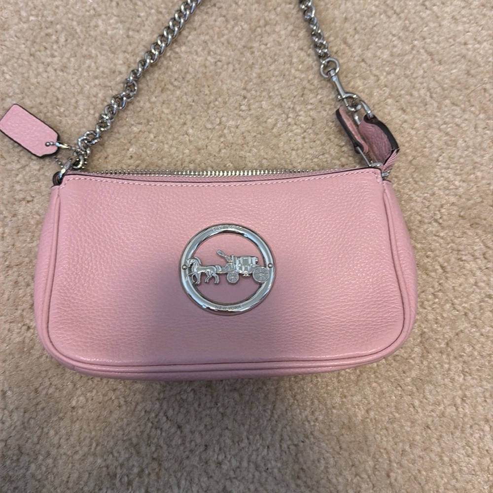 Coach Pink Leather Wristlet with Silver Chain